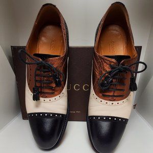 GUCCI Quentin Leather Tie Up Oxford BLK/Bronze/Beige 39/9 FREE SHIP